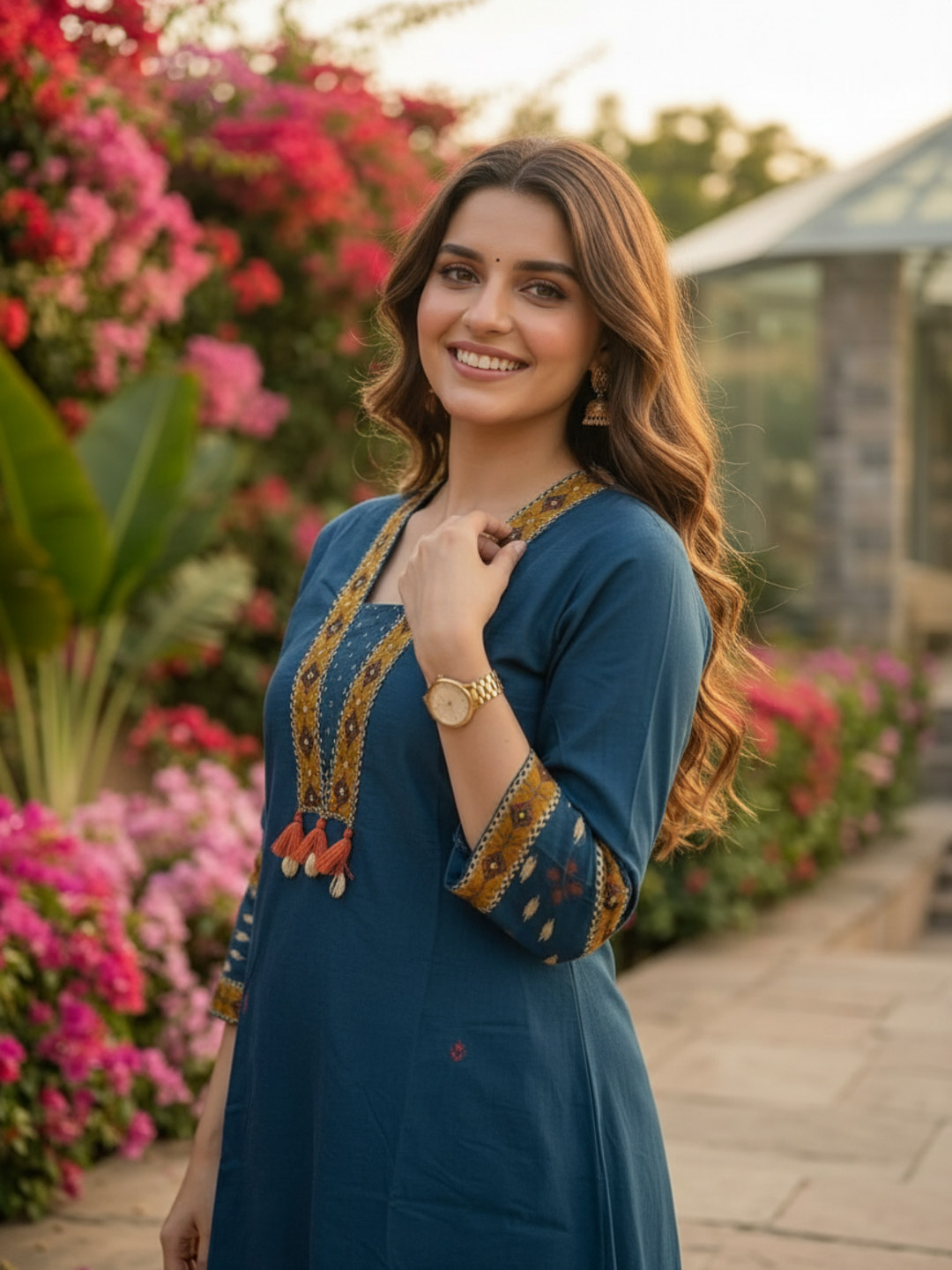 Blue Ikat Printed Cotton A-Line Kurta Set with Sequin Highlights, Palazzo & Printed Cotton Dupatta