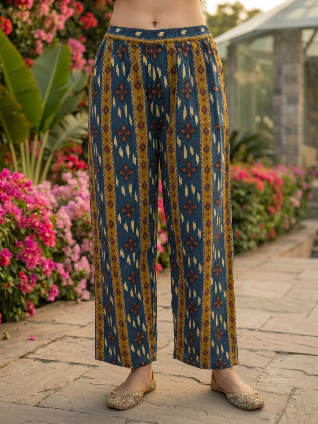 Blue Ikat Printed Cotton A-Line Kurta Set with Sequin Highlights, Palazzo & Printed Cotton Dupatta