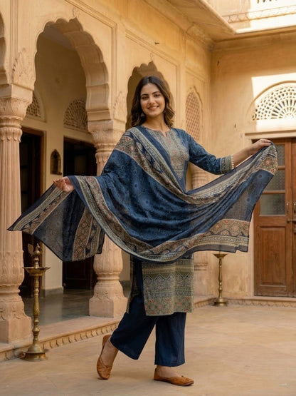 Steel Blue Floral Printed Cotton Straight Kurta Set with Embroidery, Sequin & Pearl Lace, Palazzo & Printed Cotton Dupatta