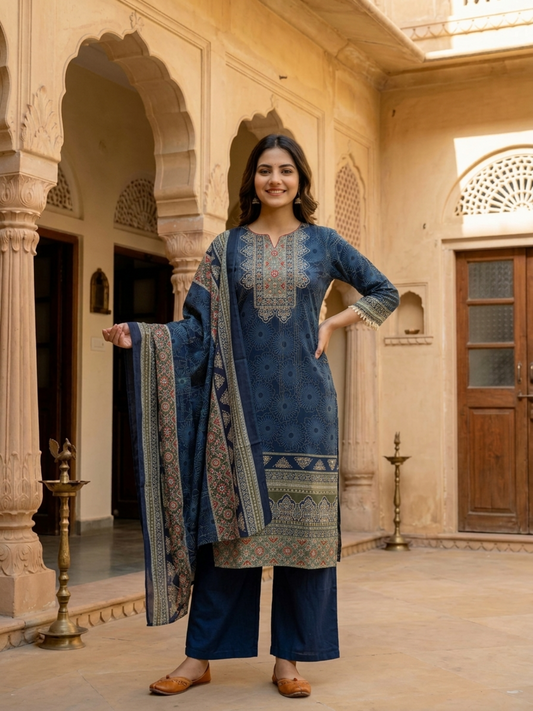Steel Blue Floral Printed Cotton Straight Kurta Set with Embroidery, Sequin & Pearl Lace, Palazzo & Printed Cotton Dupatta