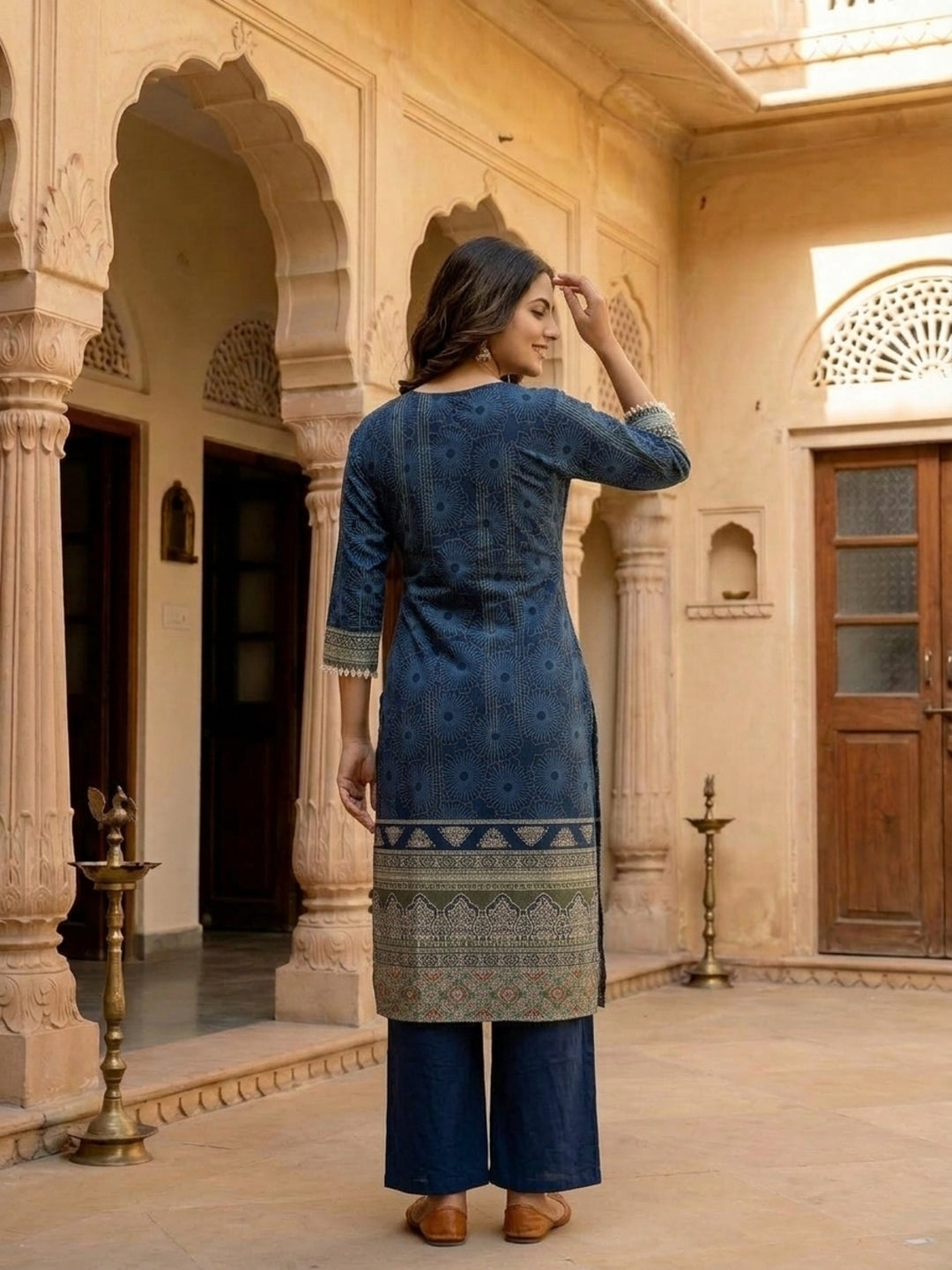 Steel Blue Floral Printed Cotton Straight Kurta Set with Embroidery, Sequin & Pearl Lace, Palazzo & Printed Cotton Dupatta