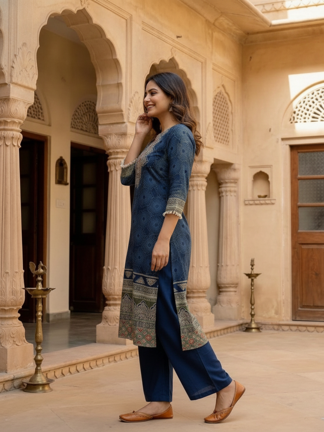 Steel Blue Floral Printed Cotton Straight Kurta Set with Embroidery, Sequin & Pearl Lace, Palazzo & Printed Cotton Dupatta