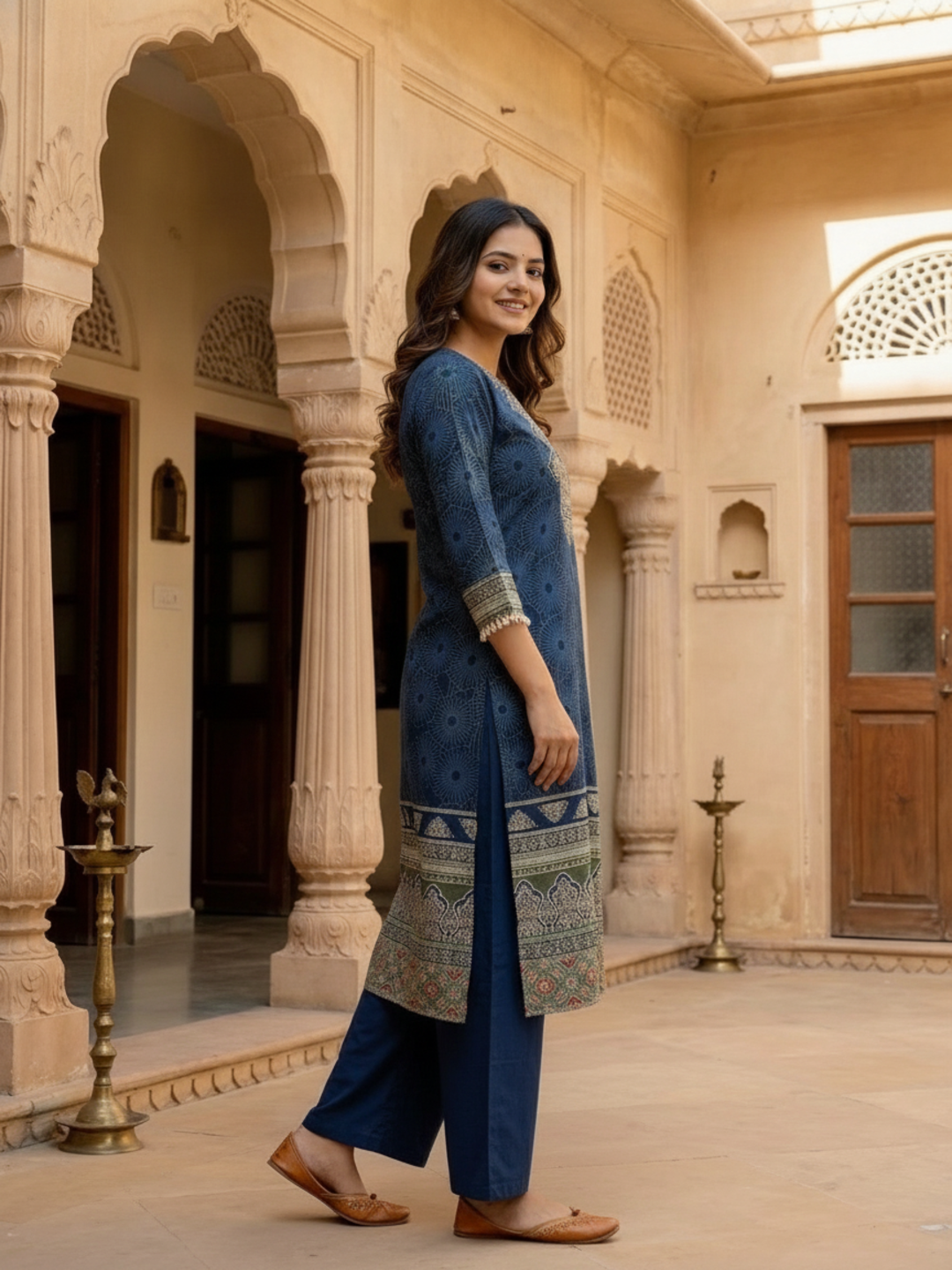 Steel Blue Floral Printed Cotton Straight Kurta Set with Embroidery, Sequin & Pearl Lace, Palazzo & Printed Cotton Dupatta
