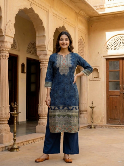 Steel Blue Floral Printed Cotton Straight Kurta Set with Embroidery, Sequin & Pearl Lace, Palazzo & Printed Cotton Dupatta