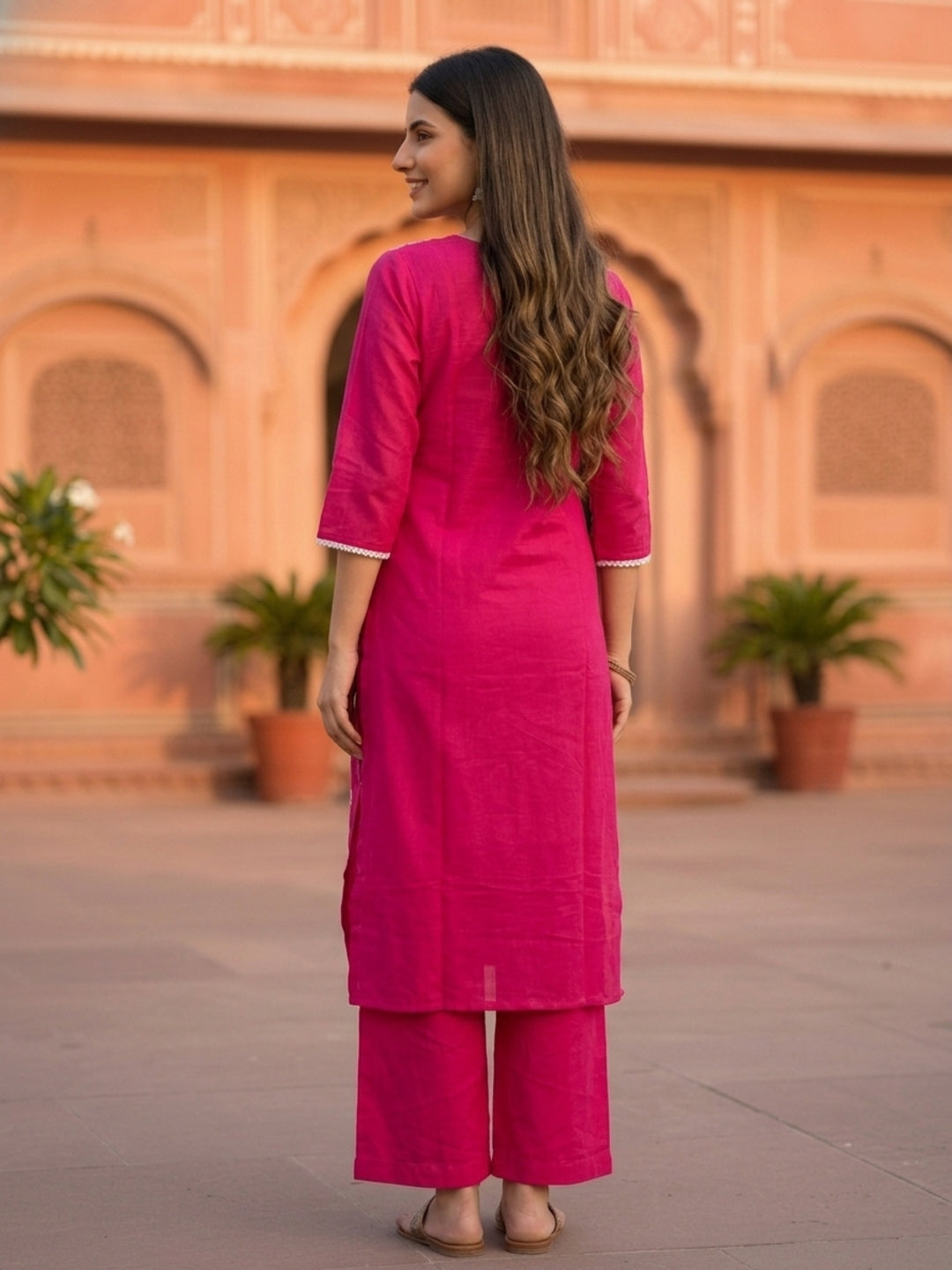 Rani Pink Solid Cotton Straight Kurta Set with Chikankari Embroidery, Round Neck, Palazzo & Pure Cotton Solid Taping Dupatta