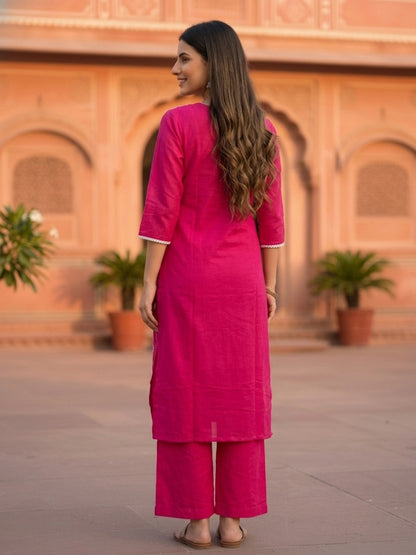 Rani Pink Solid Cotton Straight Kurta Set with Chikankari Embroidery, Round Neck, Palazzo & Pure Cotton Solid Taping Dupatta