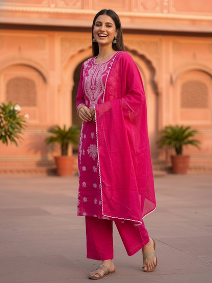 Rani Pink Solid Cotton Straight Kurta Set with Chikankari Embroidery, Round Neck, Palazzo & Pure Cotton Solid Taping Dupatta