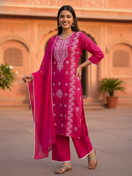 Rani Pink Solid Cotton Straight Kurta Set with Chikankari Embroidery, Round Neck, Palazzo & Pure Cotton Solid Taping Dupatta