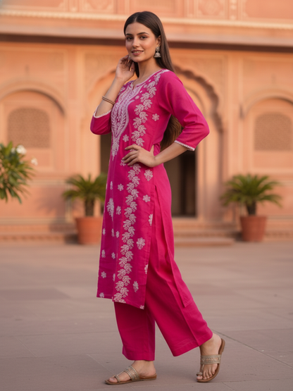 Rani Pink Solid Cotton Straight Kurta Set with Chikankari Embroidery, Round Neck, Palazzo & Pure Cotton Solid Taping Dupatta