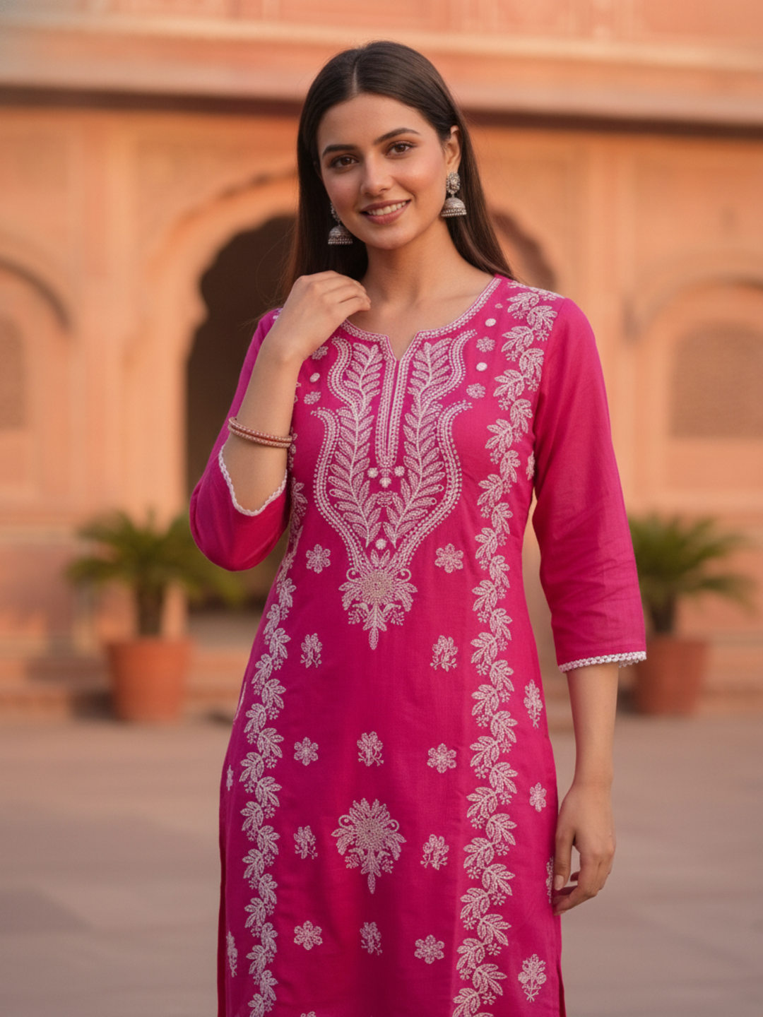 Rani Pink Solid Cotton Straight Kurta Set with Chikankari Embroidery, Round Neck, Palazzo & Pure Cotton Solid Taping Dupatta