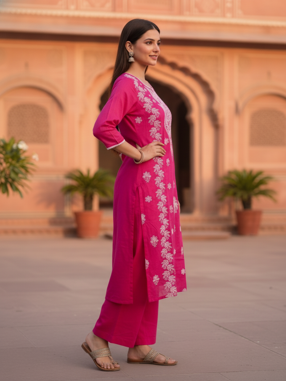 Rani Pink Solid Cotton Straight Kurta Set with Chikankari Embroidery, Round Neck, Palazzo & Pure Cotton Solid Taping Dupatta
