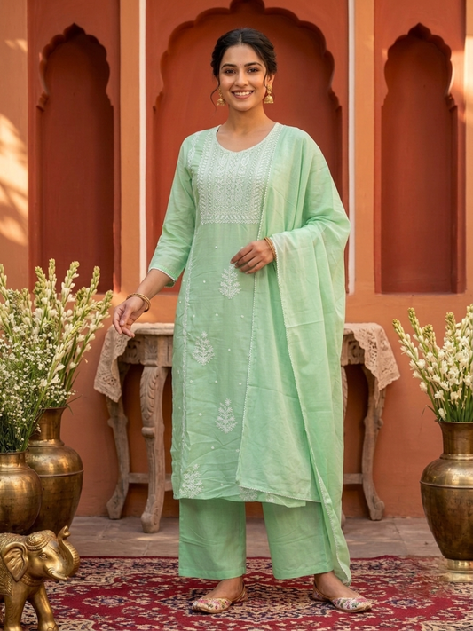 Mint Green Solid Cotton Straight Kurta Set with Chikankari Embroidered Yoke, Palazzo & Solid Taping Dupatta