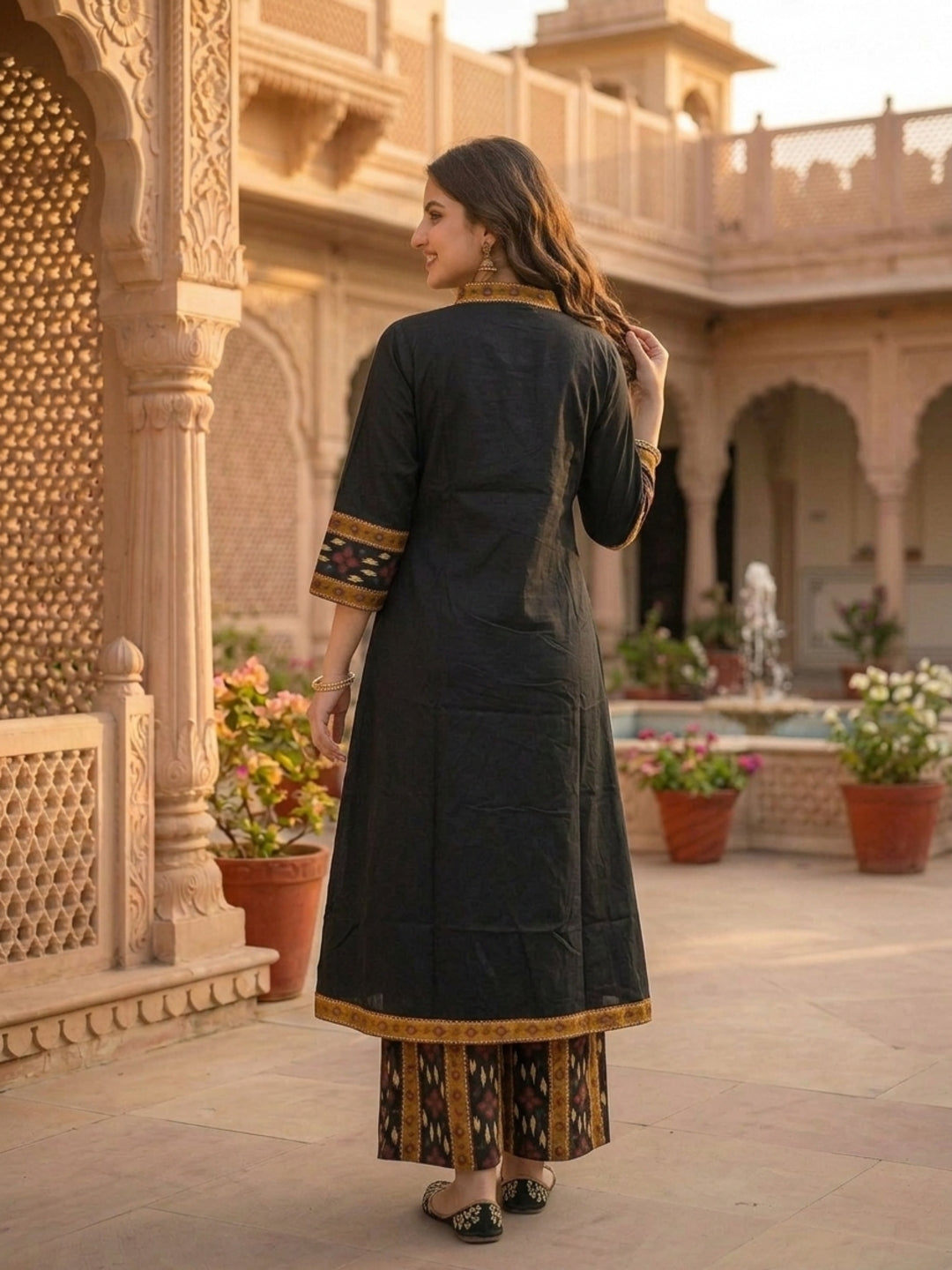 Black Ikat Printed Cotton A-Line Kurta Set with Sequin Highlights, Multicolor Palazzo & Printed Cotton Dupatta