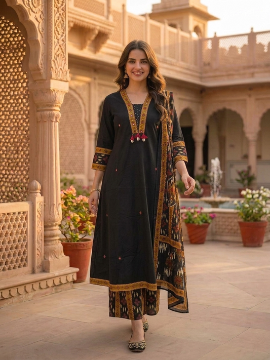 Black Ikat Printed Cotton A-Line Kurta Set with Sequin Highlights, Multicolor Palazzo & Printed Cotton Dupatta