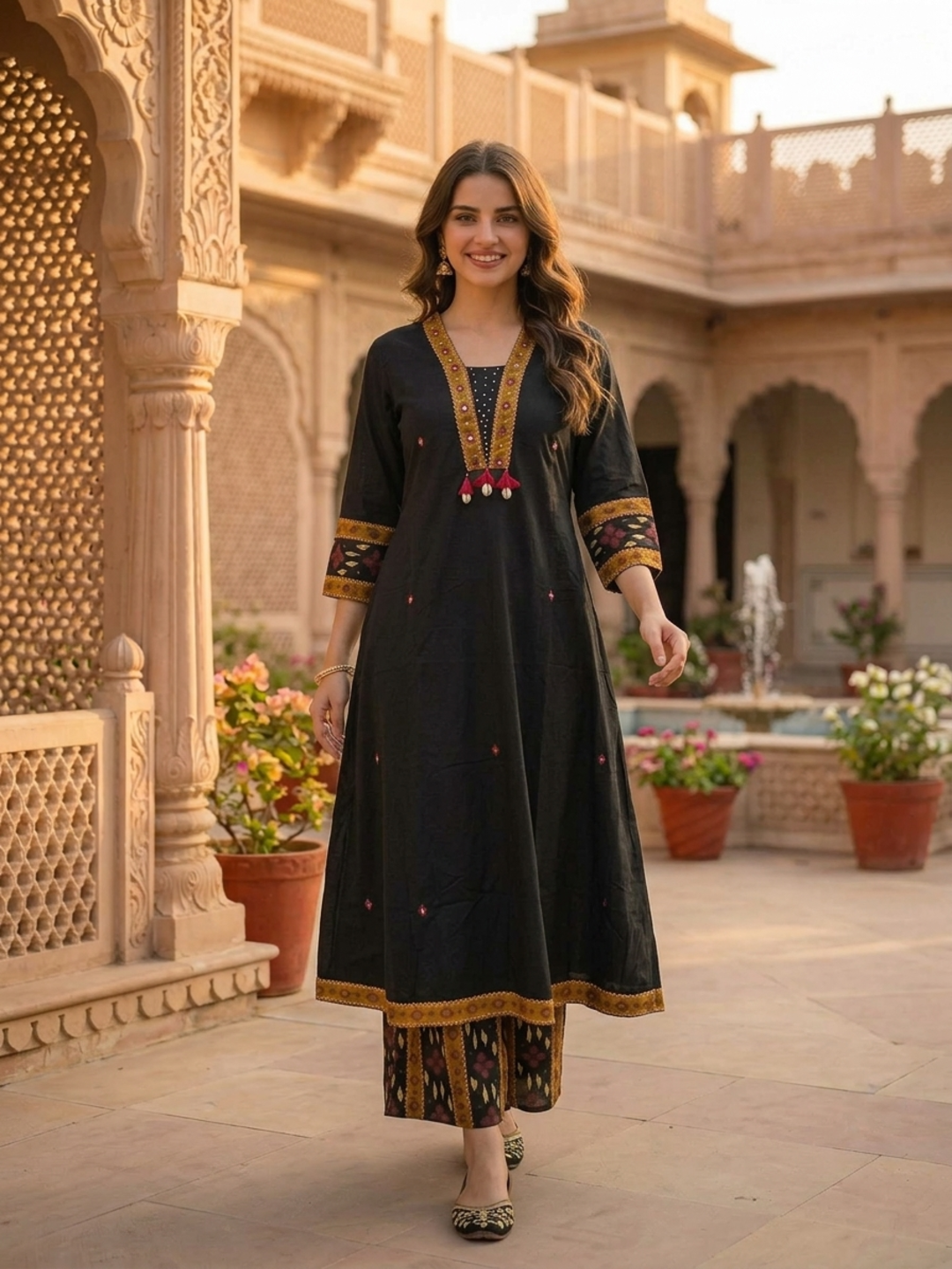 Black Ikat Printed Cotton A-Line Kurta Set with Sequin Highlights, Multicolor Palazzo & Printed Cotton Dupatta