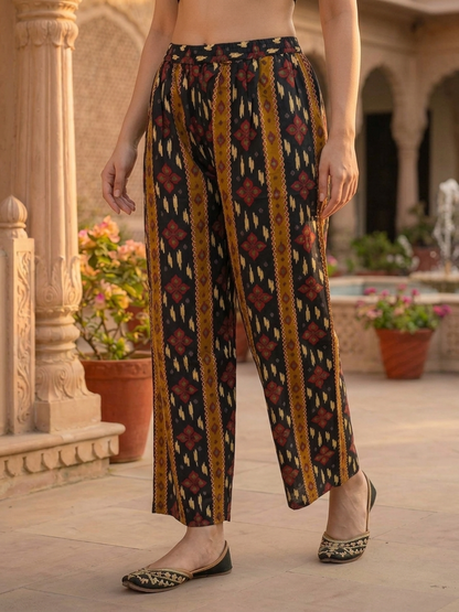 Black Ikat Printed Cotton A-Line Kurta Set with Sequin Highlights, Multicolor Palazzo & Printed Cotton Dupatta