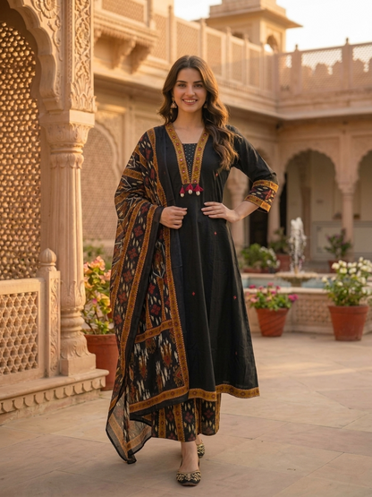 Black Ikat Printed Cotton A-Line Kurta Set with Sequin Highlights, Multicolor Palazzo & Printed Cotton Dupatta