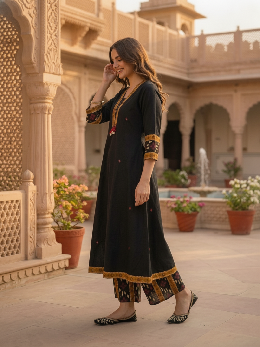 Black Ikat Printed Cotton A-Line Kurta Set with Sequin Highlights, Multicolor Palazzo & Printed Cotton Dupatta