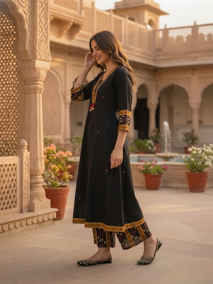 Black Ikat Printed Cotton A-Line Kurta Set with Sequin Highlights, Multicolor Palazzo & Printed Cotton Dupatta