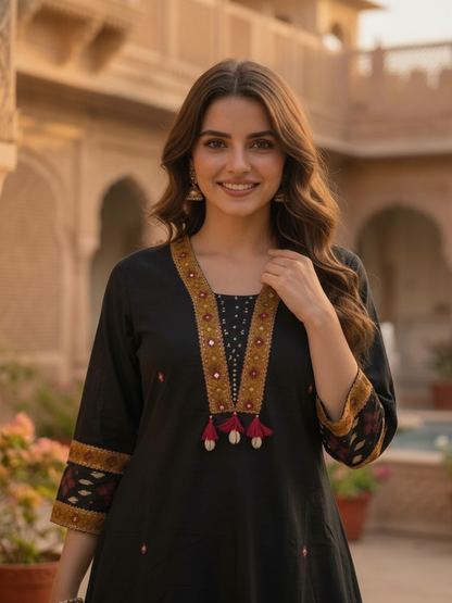 Black Ikat Printed Cotton A-Line Kurta Set with Sequin Highlights, Multicolor Palazzo & Printed Cotton Dupatta