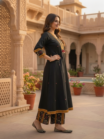 Black Ikat Printed Cotton A-Line Kurta Set with Sequin Highlights, Multicolor Palazzo & Printed Cotton Dupatta