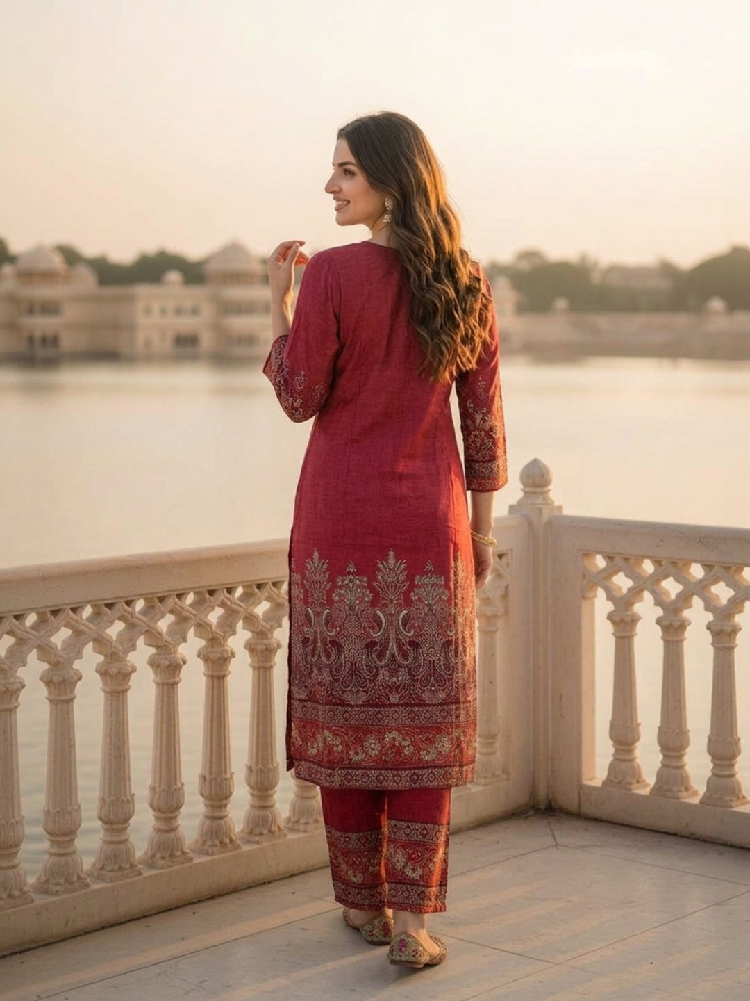 Berry Pink Floral Printed Viscose Rayon Straight Kurta Co-ord Set with Thread Embroidery & Sequin, V-Neck & Printed Palazzo