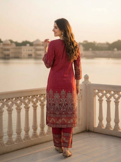 Berry Pink Floral Printed Viscose Rayon Straight Kurta Co-ord Set with Thread Embroidery & Sequin, V-Neck & Printed Palazzo