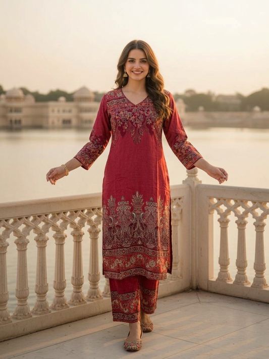 Berry Pink Floral Printed Viscose Rayon Straight Kurta Co-ord Set with Thread Embroidery & Sequin, V-Neck & Printed Palazzo