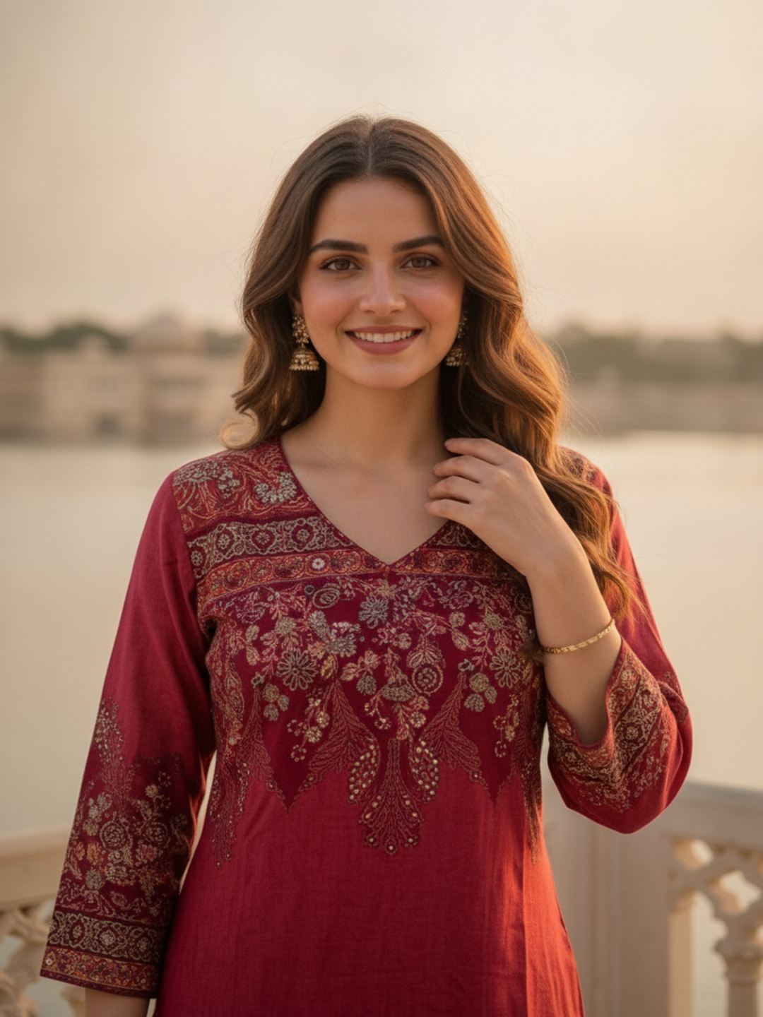 Berry Pink Floral Printed Viscose Rayon Straight Kurta Co-ord Set with Thread Embroidery & Sequin, V-Neck & Printed Palazzo