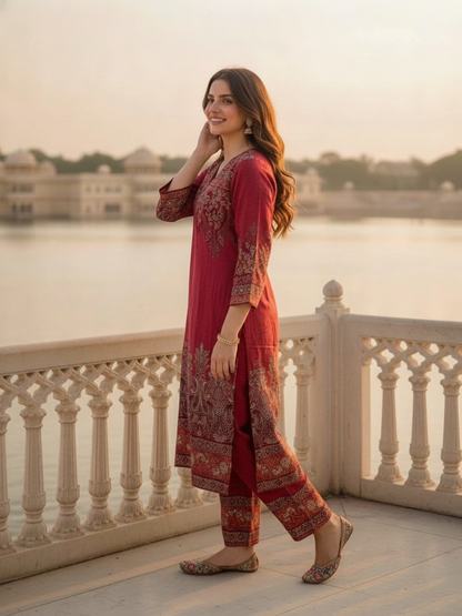 Berry Pink Floral Printed Viscose Rayon Straight Kurta Co-ord Set with Thread Embroidery & Sequin, V-Neck & Printed Palazzo