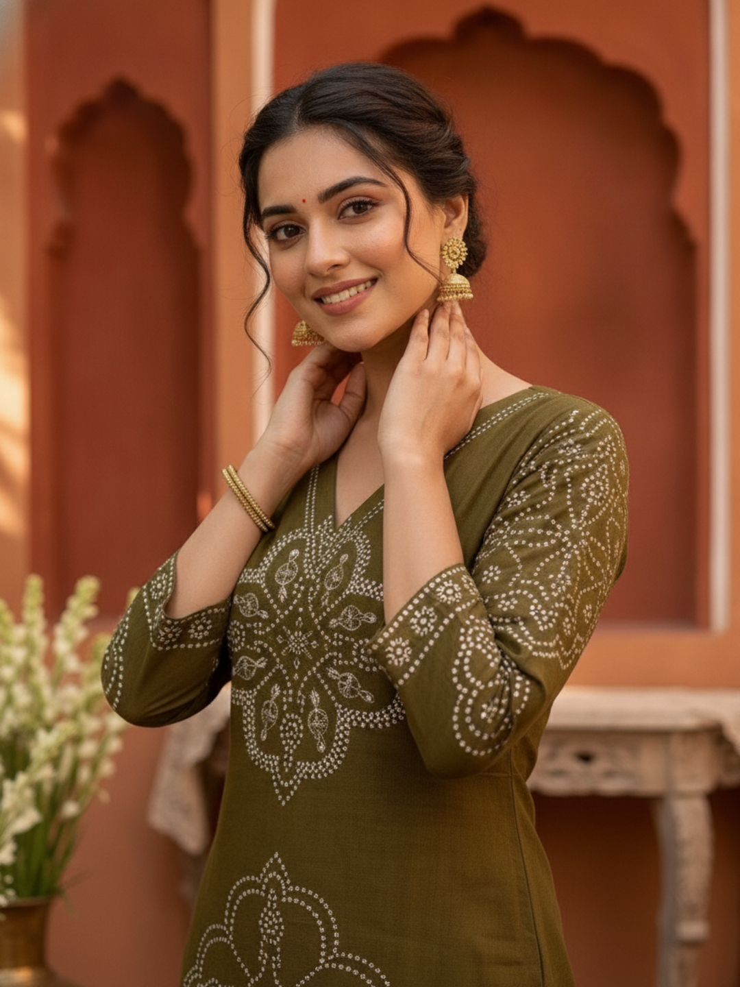 Mehendi Green Bandhani Printed Viscose Rayon A-Line Kurta Co-ord Set with Mirror Work, V-Neck & Solid Flared Palazzo