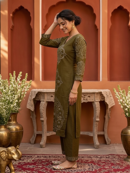 Mehendi Green Bandhani Printed Viscose Rayon A-Line Kurta Co-ord Set with Mirror Work, V-Neck & Solid Flared Palazzo