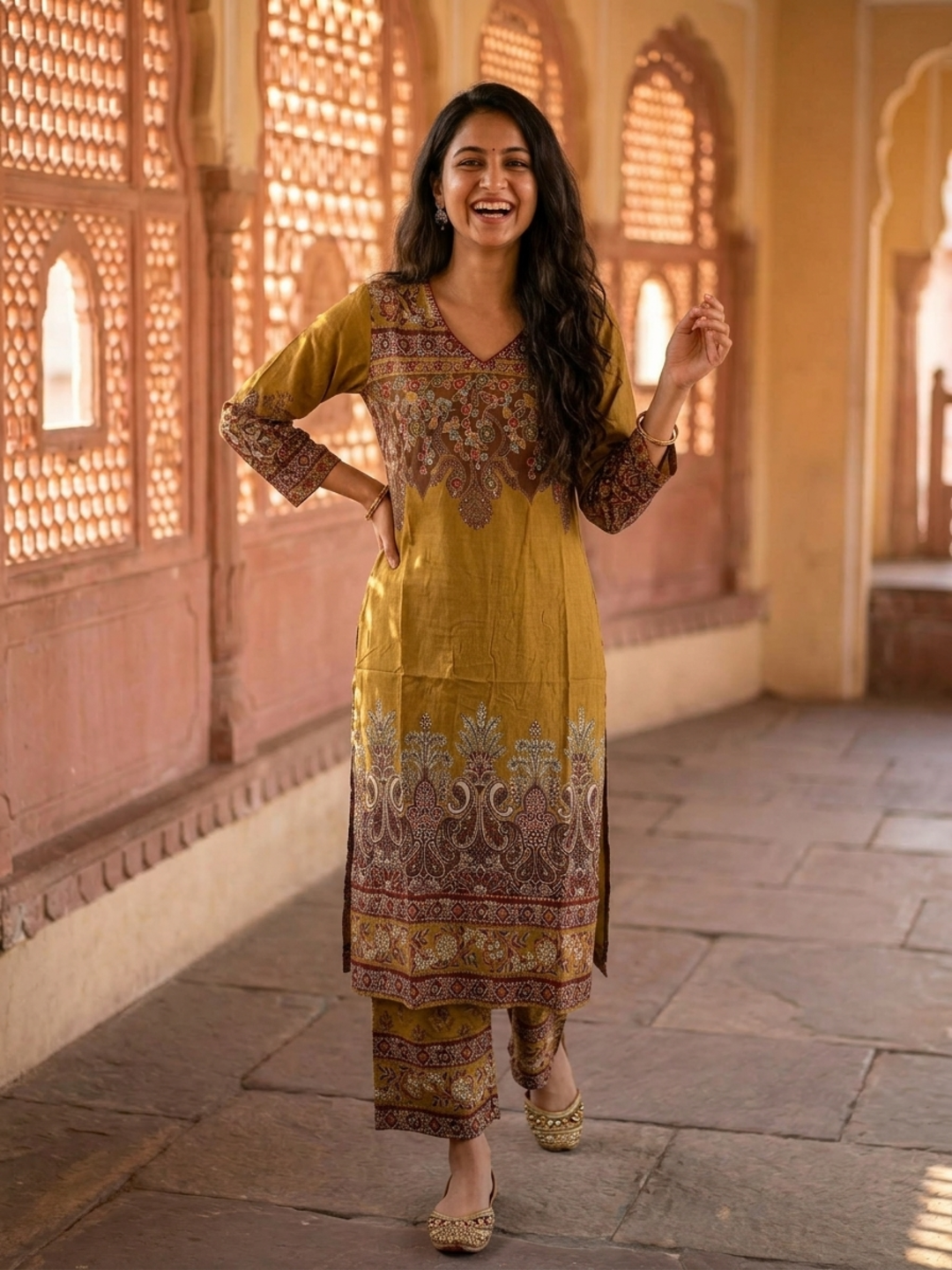 Olive Green Floral Printed Viscose Rayon Straight Kurta Co-ord Set with Thread Embroidery & Sequin, V-Neck & Printed Palazzo