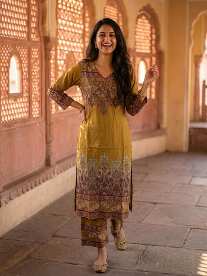 Olive Green Floral Printed Viscose Rayon Straight Kurta Co-ord Set with Thread Embroidery & Sequin, V-Neck & Printed Palazzo