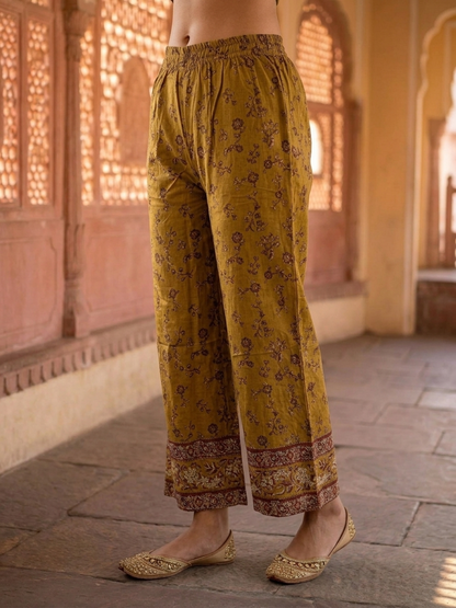 Olive Green Floral Printed Viscose Rayon Straight Kurta Co-ord Set with Thread Embroidery & Sequin, V-Neck & Printed Palazzo