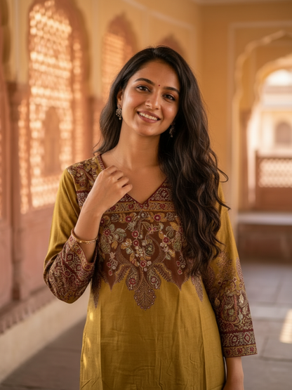 Olive Green Floral Printed Viscose Rayon Straight Kurta Co-ord Set with Thread Embroidery & Sequin, V-Neck & Printed Palazzo