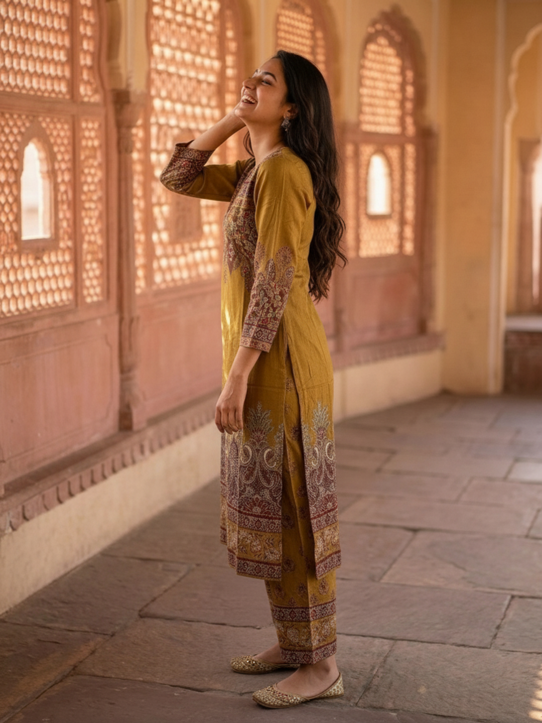Olive Green Floral Printed Viscose Rayon Straight Kurta Co-ord Set with Thread Embroidery & Sequin, V-Neck & Printed Palazzo