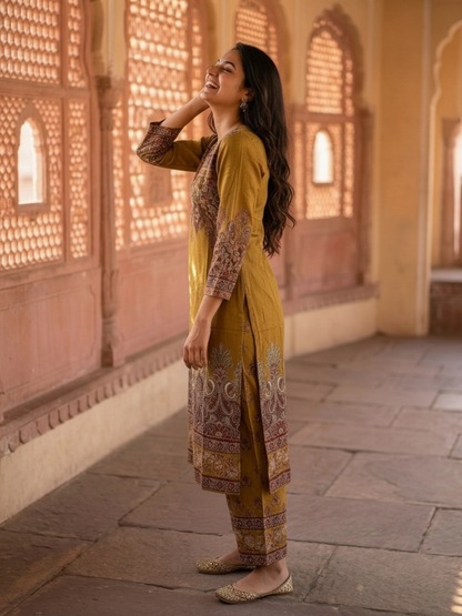 Olive Green Floral Printed Viscose Rayon Straight Kurta Co-ord Set with Thread Embroidery & Sequin, V-Neck & Printed Palazzo