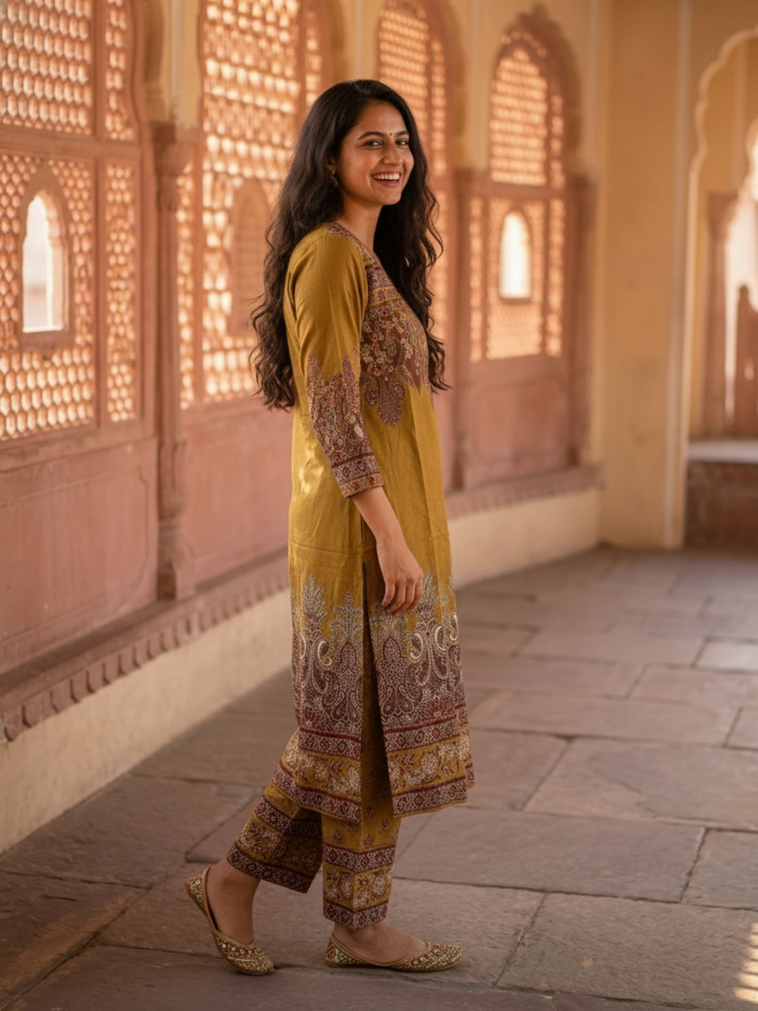 Olive Green Floral Printed Viscose Rayon Straight Kurta Co-ord Set with Thread Embroidery & Sequin, V-Neck & Printed Palazzo