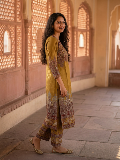 Olive Green Floral Printed Viscose Rayon Straight Kurta Co-ord Set with Thread Embroidery & Sequin, V-Neck & Printed Palazzo
