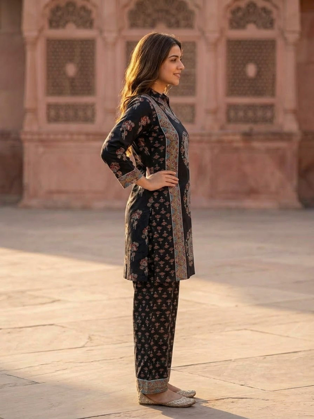 Black Floral Crepe Co-ord Set with Sequin Work & Printed Palazzo