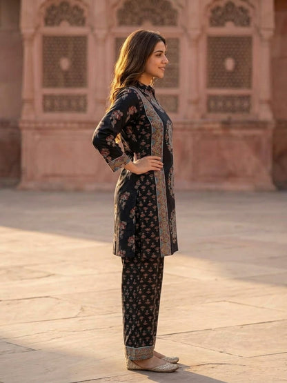 Black Floral Crepe Co-ord Set with Sequin Work & Printed Palazzo