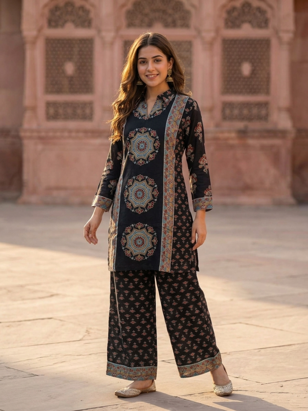 Black Floral Crepe Co-ord Set with Sequin Work & Printed Palazzo