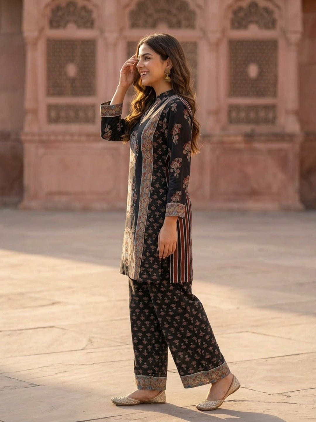 Black Floral Crepe Co-ord Set with Sequin Work & Printed Palazzo