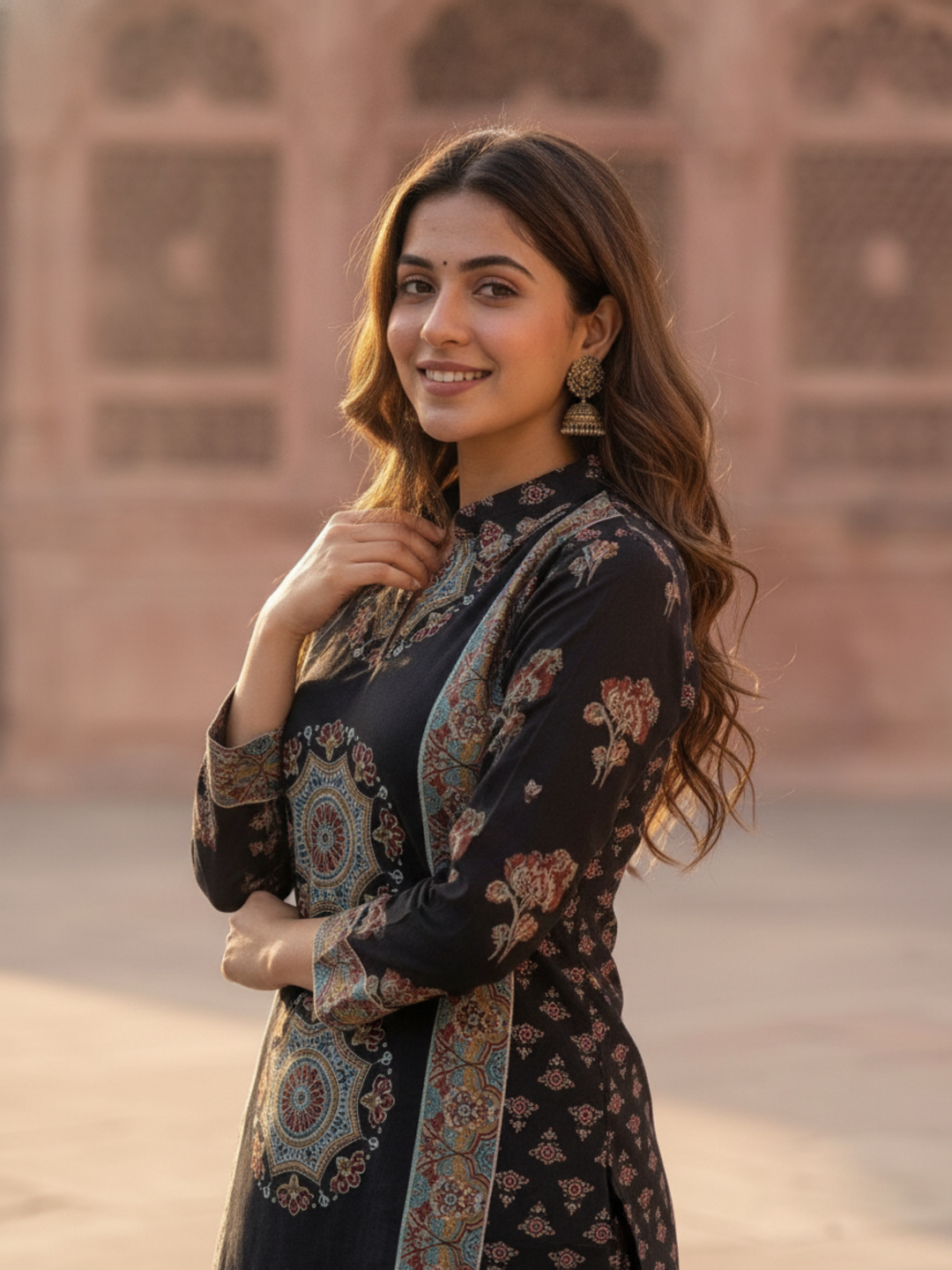 Black Floral Crepe Co-ord Set with Sequin Work & Printed Palazzo