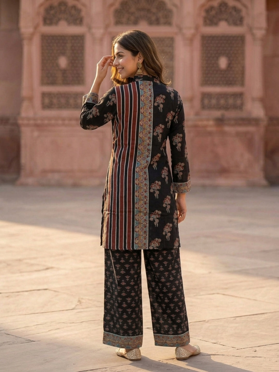 Black Floral Crepe Co-ord Set with Sequin Work & Printed Palazzo