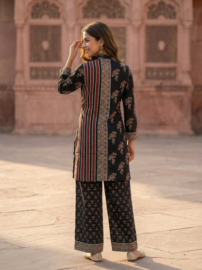 Black Floral Crepe Co-ord Set with Sequin Work & Printed Palazzo