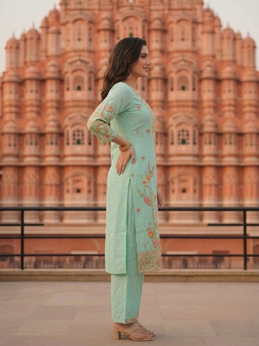 Turquoise Blue Floral Embroidered Cotton Straight Kurta Set with V-Neck, Shantoon Palazzo & Georgette Taping Dupatta