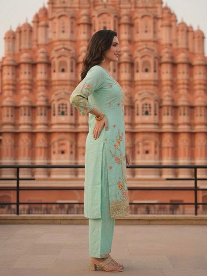 Turquoise Blue Floral Embroidered Cotton Straight Kurta Set with V-Neck, Shantoon Palazzo & Georgette Taping Dupatta