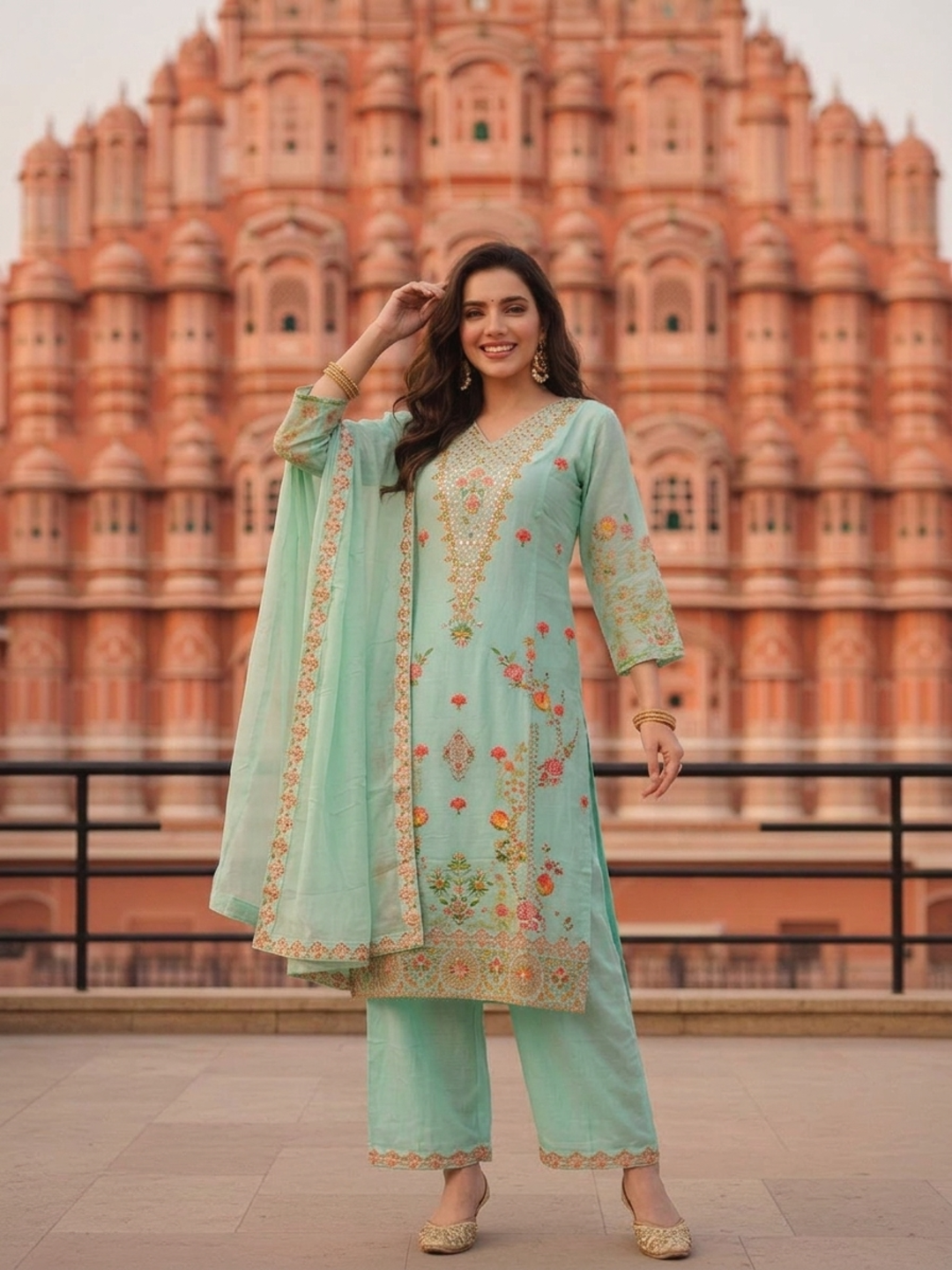 Turquoise Blue Floral Embroidered Cotton Straight Kurta Set with V-Neck, Shantoon Palazzo & Georgette Taping Dupatta